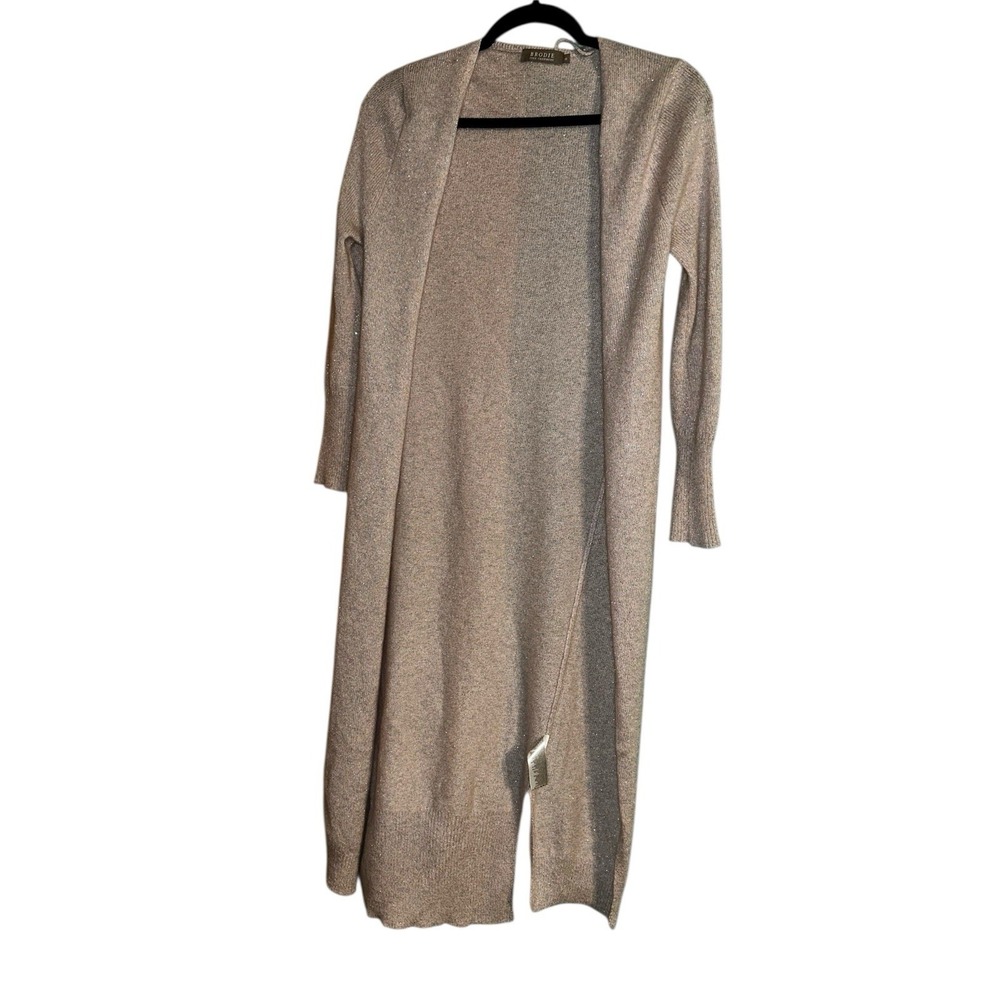 Brodie Cashmere Womens S Long Maxi Open Front Knit Shimmer Cardigan Beige Pink